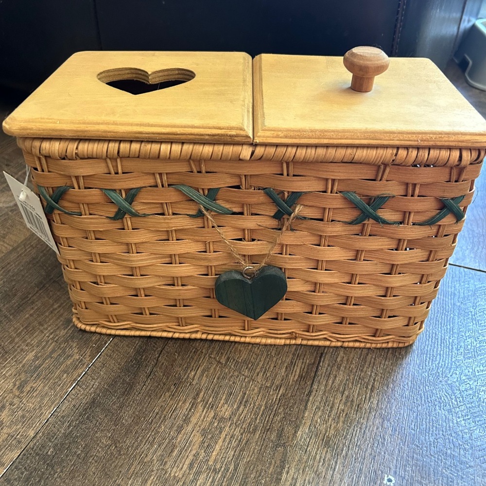 Vintage Tender Heart Treasures Woven Basket Tissue Box Organizer Wood Lid 1995